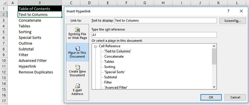 ORGANIZING AND MANAGING DATA IN MICROSOFT EXCEL Use Hyperlinks to Set Up a Table of Contents for Multi-sheet Workbooks On the First Worksheet in a Workbook, List All Worksheet Names in Separate Cells