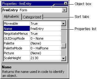 5 The Properties window The Properties window consists of the following elements: Object box Displays the name of the object for which you can set properties.