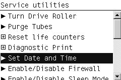 Perform the Set Date and Time utility as follows: 1. In the Service Utilities submenu, scroll to Set Date and Time and press OK. 2. The printer will display the current time and the new time.