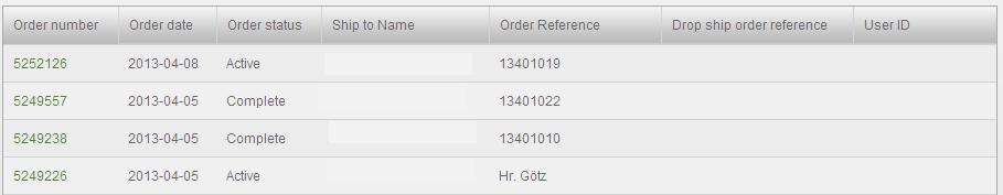 Field name Order number Order date Order status Ship to Name Order reference Drop ship order reference User ID Description SAP Order no.