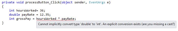 Understanding Numeric Type Conversion Error message received when trying to compile a program that attempts to store a double in an int The error message in figure asks are you missing a cast?