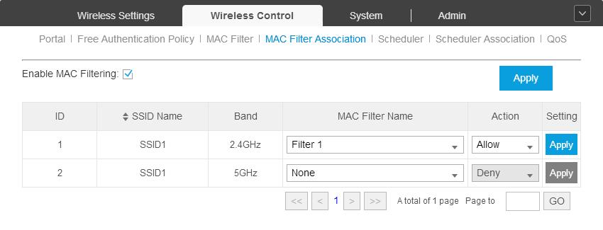 Check the Enable MAC Filtering box and click Apply to enable the MAC Filtering feature.