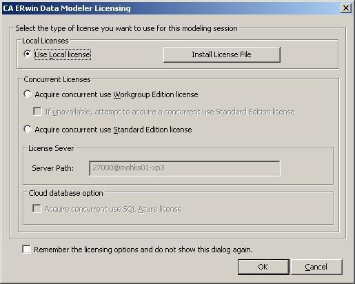 Licensing Dialog Enhancement Licensing Dialog Enhancement When you launch CA ERwin Data Modeler for the first time, you open the Licensing dialog and install the license file.