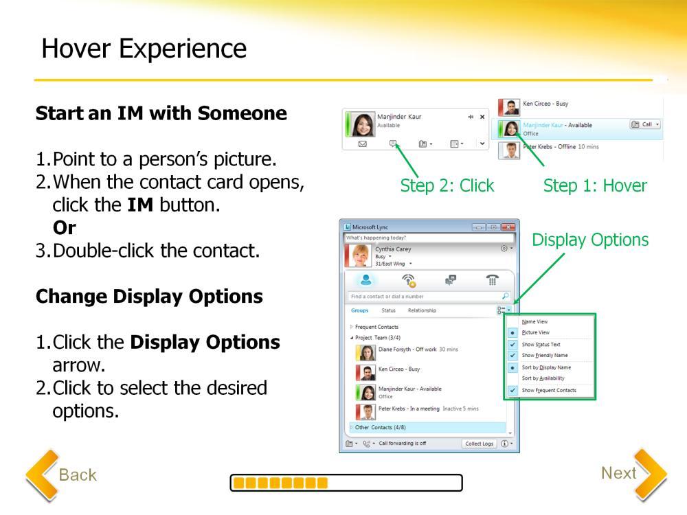 The Me Area presents photo, status, and other personal information to assist users in identifying a contact.