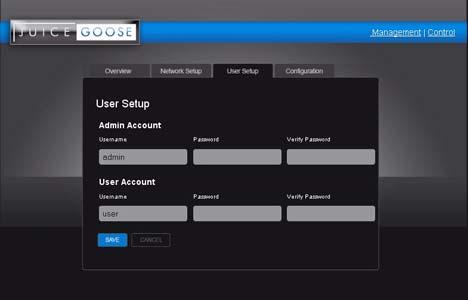 USER SETUP The user setup tab is where you configure the Admin and User account passwords.