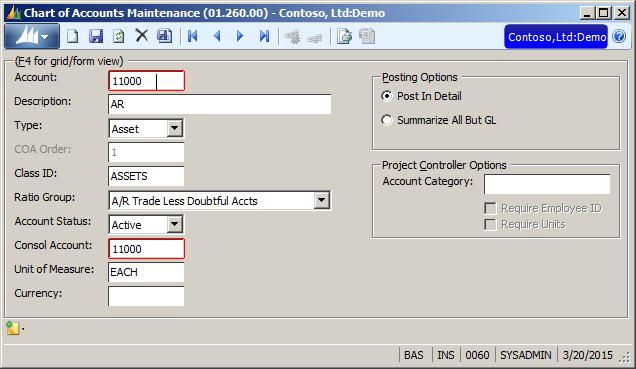 GL Accounts The Account field on the System > Setup Tables > GL Accounts table in Manage must be consistent with the Account field on the Financial > General Ledger > Maintenance > Chart of Accounts