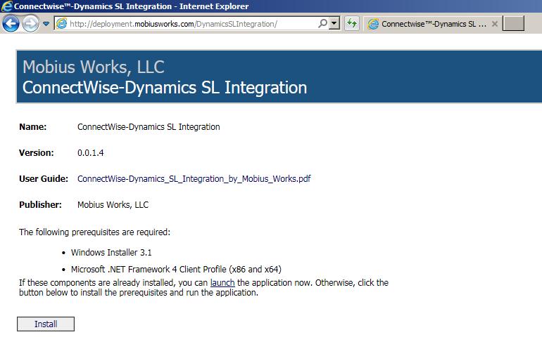 Installation To install the ConnectWise Manage-Dynamics SL Integration Application, follow the instructions below.