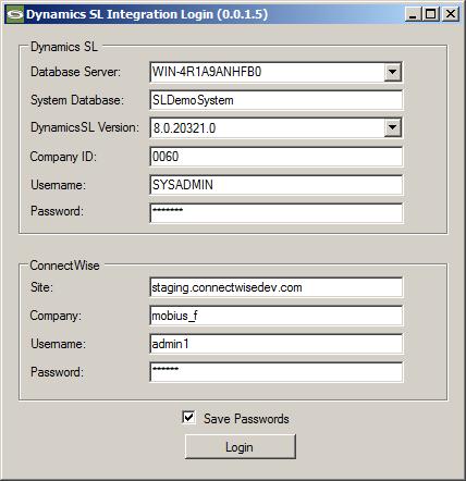 Using the Application Logging In The first time you run the application, you will be prompted for both your Dynamics SL and ConnectWise Manage credentials.