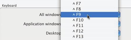 pop-up menu and choose ^F9. This changes the Exposé keystroke from F9 to Ctrl+F9. Do the same for Application windows and Desktop.