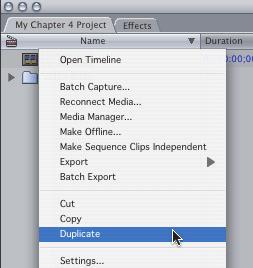 Next, make a copy of this sequence by Ctrl+clicking the sequence name in the Browser and choosing Duplicate Sequence from the shortcut menu.