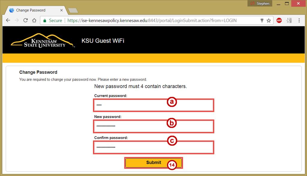 13. The KSU Guest WiFi - Change Password page will open, enter the following: a. Enter the Current password from the Email (See Figure 8). b. Enter a New password (See Figure 8). c.