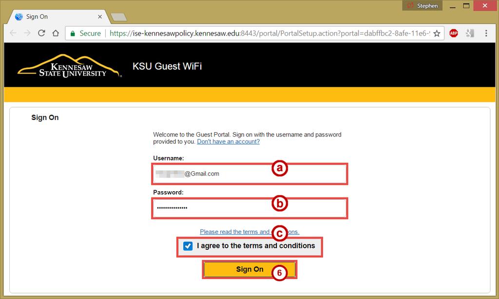 5. On the KSU Guest WiFi - Sign On page, enter the following: a. Enter the Username from the Email (See Figure 12). b. Enter the Password from the Email (See Figure 12). c.