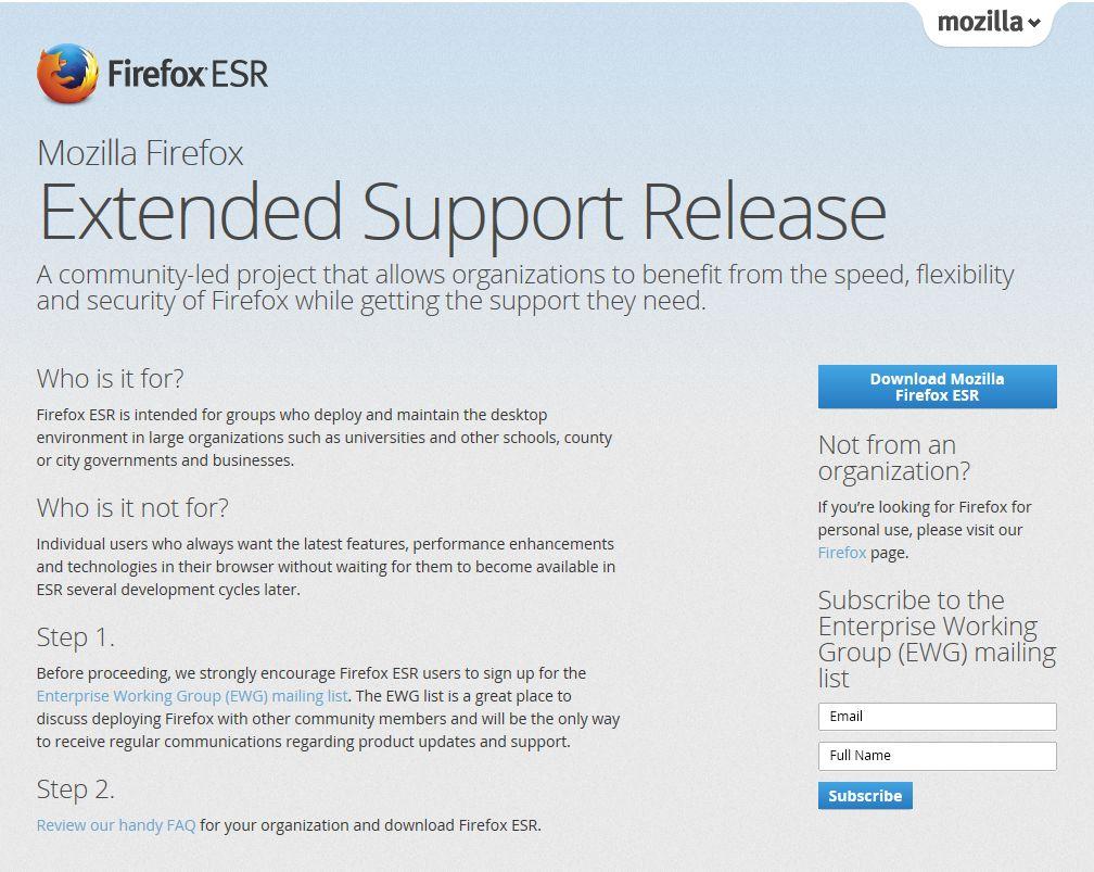 display the download website for Firefox ESR.