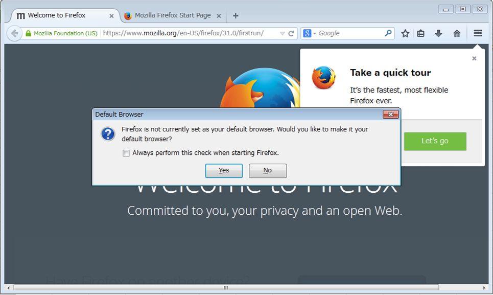 Attachment 2 (9) The Firefox browser launches and the Default Browser setting window is displayed. Uncheck the Always perform this check when starting Firefox. box, and click [No].