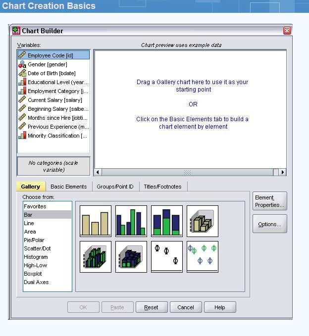 The Chart Builder dialog box is an interactive window that allows you to