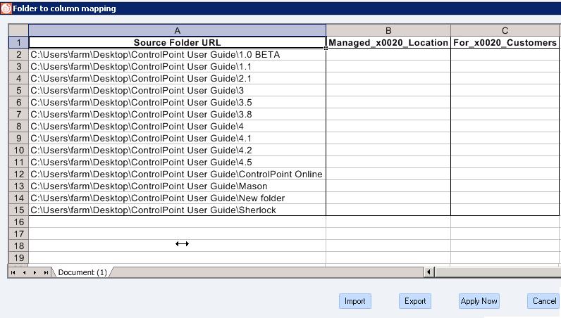 Creating a Control File 29 The Folder to column mapping worksheet displays in a separate window, with the Source Folder URL of each folder in the current task and all of the custom (non-default)