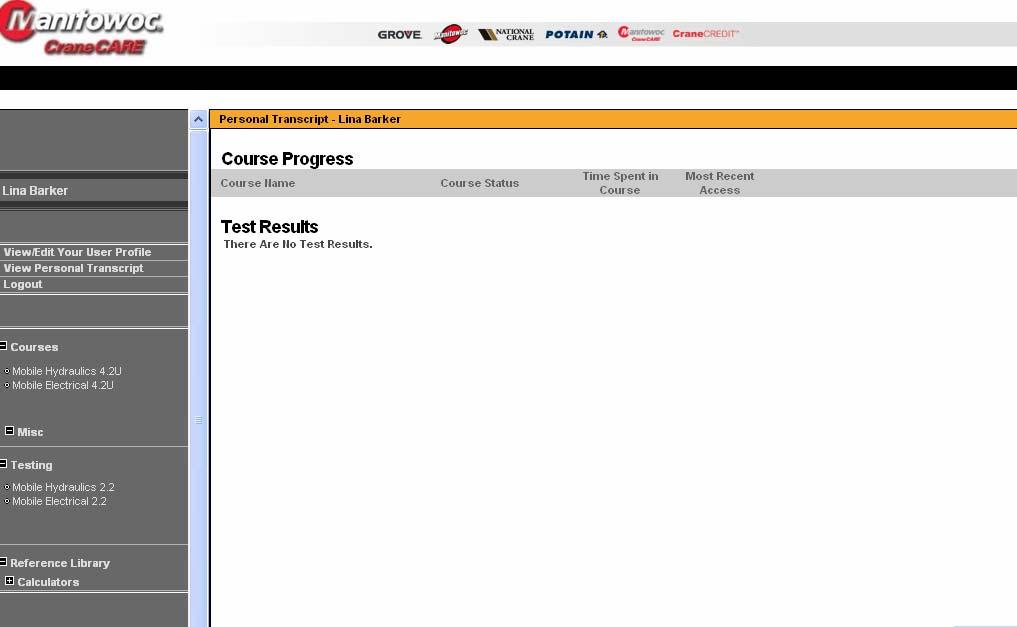 Step 4: Once you log in, you will see your personal transcript (Course progress and test results).