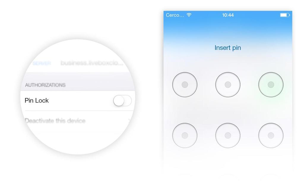 3.5.2 AUTHORIZATIONS Inside on the Authorizations area we find Pin block and how to disconnect mobile device features. To protect your data in the ios application, activate Pin block.