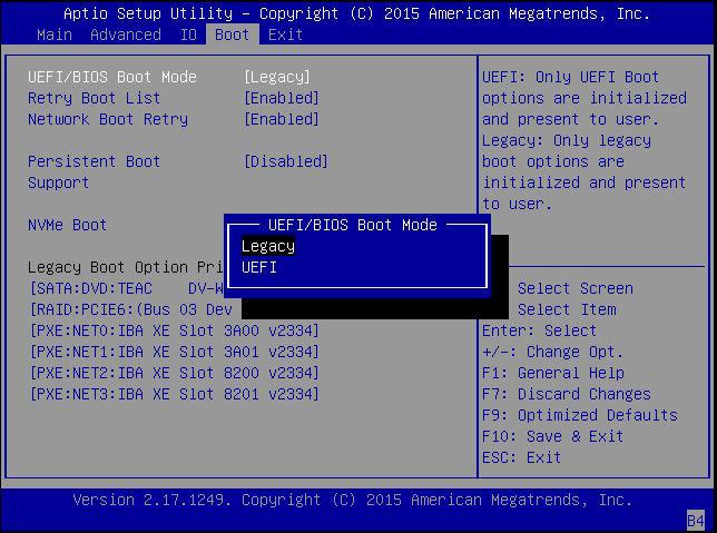 Select Legacy BIOS or UEFI BIOS Boot Mode The UEFI/BIOS dialog box appears. Note - You cannot configure the boot device priority after switching the boot mode.