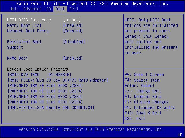 BIOS Boot Menu Selections TABLE 34 BIOS Boot Menu Options Setup Options Options Defaults Description UEFI/BIOS Boot Mode Legacy/UEFI Legacy Select either Legacy BIOS or UEFI as the boot mode.