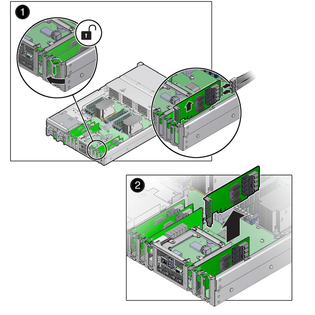 Remove a PCIe Card 5. Rotate the PCIe card locking mechanism [1], and then lift up on the PCIe card to disengage it from the motherboard connectors [2]. 6. Place the PCIe card on an antistatic mat.