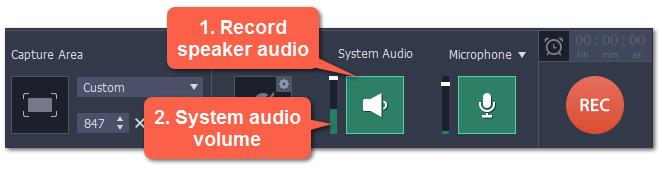 To enable recording system audio, click the speaker icon on the recording panel. 2. Use the slider to the left of the speaker button to change the system audio volume.