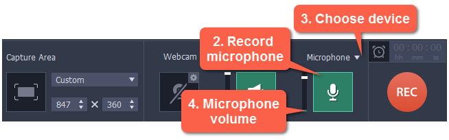 Click the microphone icon on the recording panel to enable microphone recording. 3.