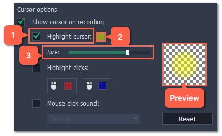 Highlight clicks Concentric circles will appear for every click, color-coded for two mouse buttons. 1. Select the Highlight clicks option. 2.