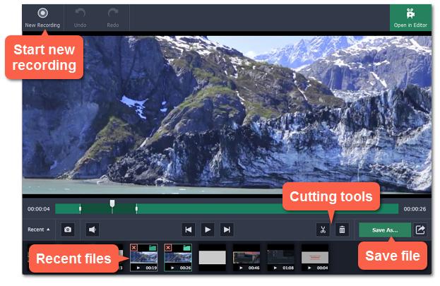 Editing captured files When you end a recording, the player window will open, where you can view the finished video, save videos to a different format, and edit videos and screenshots.