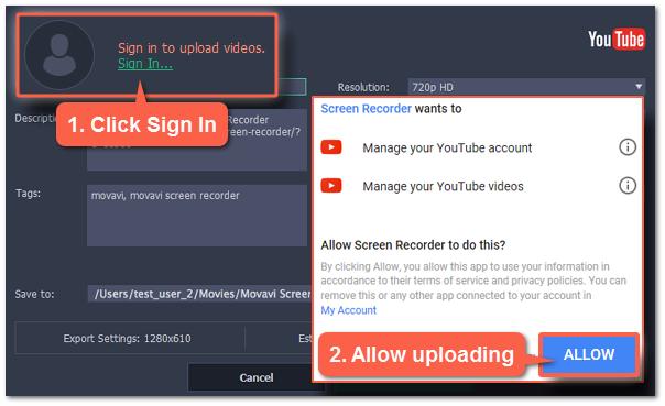 The authentication page will open in your browser. 2. Sign in to your account and click Allow to let Movavi Screen Recorder upload videos.