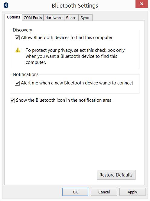 42 - Using a Bluetooth connection 4. Select the Allow Bluetooth devices to find this computer check box, click Apply, and then click OK.