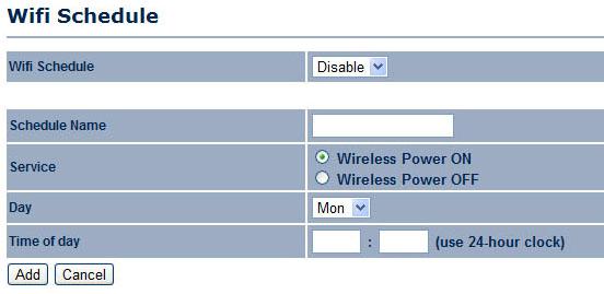 CONFIGURING WI-FI SCHEDULE 4.5.7 Configuring Wi-Fi Schedule Use the Wi-Fi schedule function to control the wireless power ON/OFF service that operates on a routine basis.