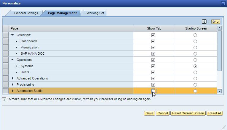 6. Select Automation Studio. 7. Deselect the checkbox Show Tab. 8. To save your settings, choose Save. 9.