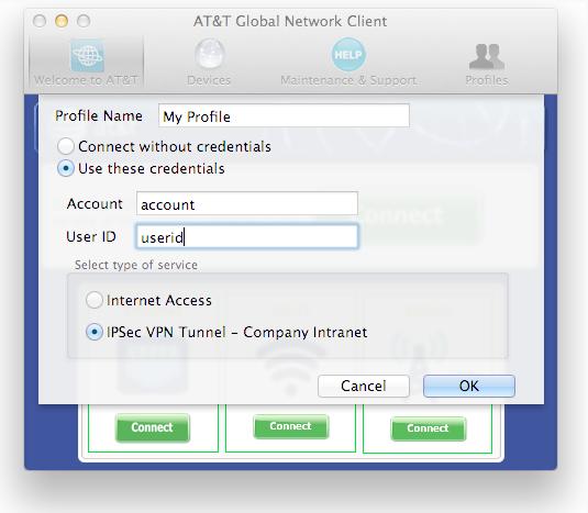Step 2 The first time you connect the AT&T Global Network Client will prompt you to enter your Account, User ID, and Password. Select the Service you wish to use to connect.