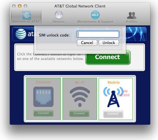 SIM Locked If you are using a mobile device which has a SIM that is locked, the AT&T Global Network Client will