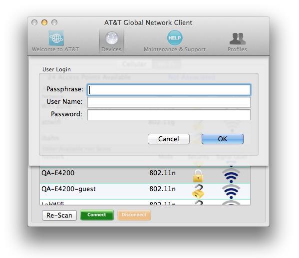 If you select an available hotspot that is encrypted, the AT&T Global Network Client will prompt you for the Passphrase for that hotspot.