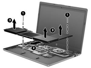 4. Support the display panel while lifting the battery slightly, and then slide it forward (2). Remove the battery from the computer (3).