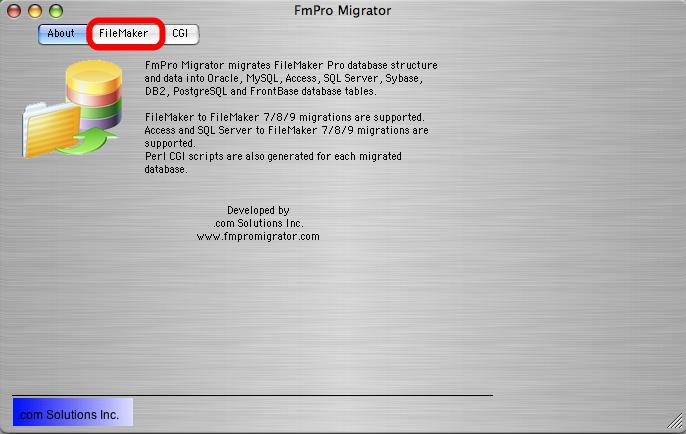 Step 1 - Get Info - Select FileMaker tab Launch FmPro Migrator, then click on the FileMaker tab at the top of the window.