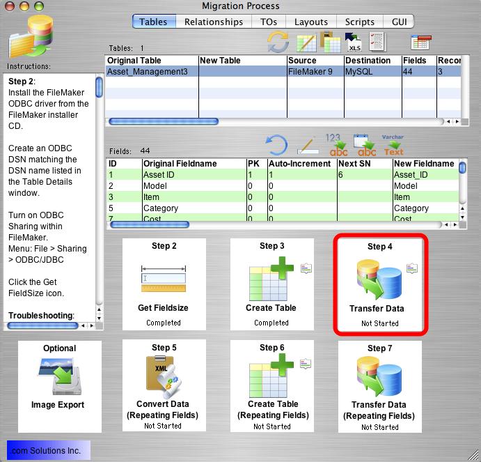 Step 4 - Transfer Data Click the Step 4 Transfer Data button to transfer data from the source table in the FileMaker database to the newly created table in the destination database.