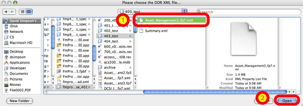 (1) Select the exported DDR XML file, then (2) click the Open button. Don't select the Summary.xml file.