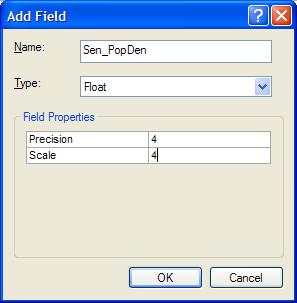 3. Click the Type dropdown arrow and click Long Integer. 4. Click OK. 5. Now add another field, called sen_popden by using the following steps. 6.