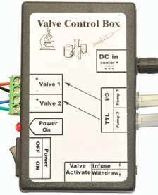 Utilizes the TTL logic port on syringe Includes power supply for valve Part ID: ADPT-VALVE-INTERFACE-1 Dual Valve Control Box Attach your two 12V