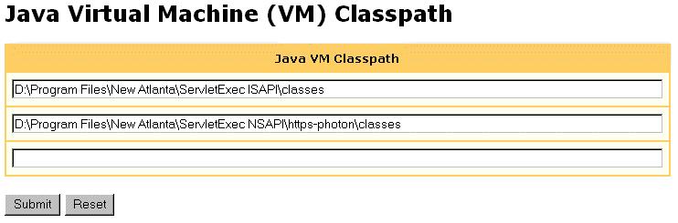 2. JAVA VIRTUAL MACHINE Figure 7. Java Virtual Machine (VM) Classpath Page To view or modify ServletExec s Java VM classpath Under Virtual Machine on the Admin UI menu, click classpath.