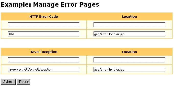 3. WEB APPLICATIONS Figure 31. Manage Error Pages Page To remove an error page From the Manage Error Pages page (see Figure 31), clear one or both fields and click Submit.