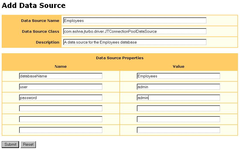 5. DATA SOURCES Figure 59. Add Data Source Page 5.2.1 Accessing a Data Source From a Servlet When you need to access a data source from a servlet, use the following code format.
