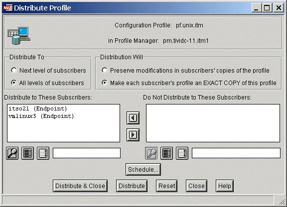The Distribute Profile window presents two options for Distribute To: Next level of subscribers: This option distributes the profile only to the subscribers of the profile manager.