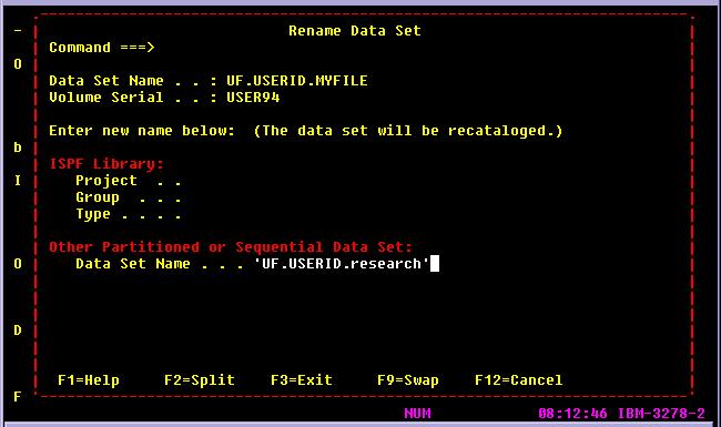 Renaming a Data Set To rename a data set, use the Data Set Utility, panel 3.2 (see figure 8, above). Enter the r command at the Option ===> prompt (in place of the a shown in figure 8).