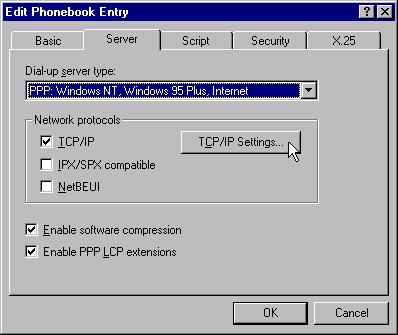CompuServe 4.02 and Higher in Windows NT 4.0 15. On the Server dialog page, click the TCP/IP Settings button.