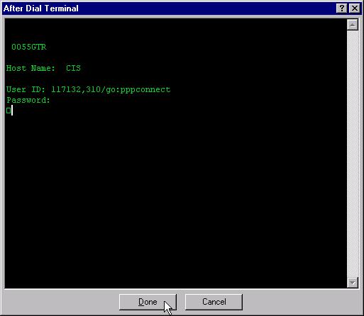 CompuServe 4.02 and Higher in Windows NT 4.0 35. Once the logon has succeeded, click Done to close the terminal window and activate the connection to CompuServe.