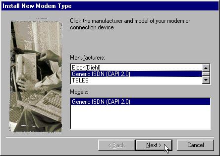 to configure it. In the Install New Modem Type dialog, scroll down to Generic ISDN (CAPI 2.